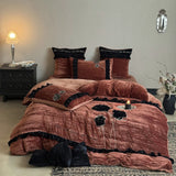 Heavyweight Flannel Bedding Set 4-Piece, Fleece Winter Warm Comforter Cover, Classical Floral Wrinkle Applique Embroidery