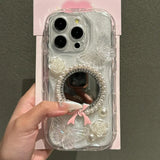 Shiny 3D Butterfly Flower Pearl Case For iPhone 14 13 12 11 15 16 Pro Max Luxury Bow Diamond Makeup Mirror Back Cover