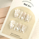 Press On Nails With 3D Crystal Butterfly Pearls Decor Handmade False Nails Aurora Transparent Flowers Fashion Fake Ballet Nails