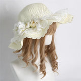 Mori Girl Flower Lace Ribbon Lolita Straw Hat Elegant Princess Lolita Flat Cap Sun Beach Cap