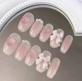 10pcs 3D Design Press on Nail Medium Glossy Pink Powder Blusher Fake Nails with Cute Bowknot Heart Pearl Full Cover False Nails