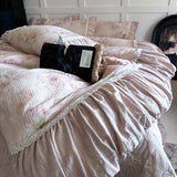 Flowers Prints Pleated Ruffles Princess Bedding Set 100% Cotton Double Layer Yarn Duvet Cover Quilted Bedspread Pillowcases 4Pcs