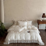 Luxury Light Champagne Rose Embroidery Ruffled Bedding Set Lyocell Soft Silky Cooling Duvet Cover Set Bed Sheet Pillowcases 4Pcs
