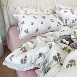Princess Floral Bedding Set Lace Romantic Rose Flat Fitted Sheet With Orange Pillowcases Soft Polyester Full Size For Women Girl