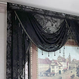 Black Lace Sheer Flower Valance Curtain Luxury Beaded Wavy Waterfall Scallop Curtain for Living Room Rod Pocket Top Window Drape