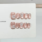 10pcs Cute Pink Handmade False Nails Glitter French Press on Nails with Flower Pattern Short Coffin Full Cover Wearable Manicure