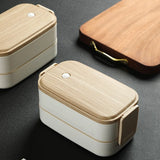 Portable Double Lunch Box, Wooden Lunch Box with Chopsticks and Spoon Food Storage Box Bento Box for Students and Workers