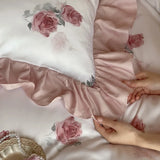 4Pcs Lyocell Soft Silky Cooling Summer Bedding Set Rose Floral Prints Ruffles Duvet Cover Set Bed Sheet/Fitted Sheet Pillowcases