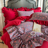 Imitation cotton wrinkled yarn double-layer yarn kapok washable festive romantic big red sheet bed skirt four-piece set