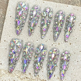 Handmade Press On Nails Luxury Long Fake Nails Stiletto Wearable Full Flash Rhinestones False Nails With Designs Almond Nail Tip