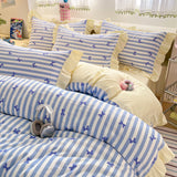 Black Lace Ruffles Korean Bow Decor Bedding Set Duvet Cover Pillowcase Washed Cotton Four-Piece Sets Soft Quilt Cover Bed Sheet