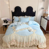 Princess Wedding Bedding Set Korean Style Lace Flowers Embroidery Duvet Cover Bed Sheet/Fitted Sheet/Bed Skirt Pillowcases 4Pcs