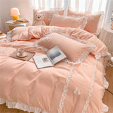 Korean Princess Style Bowknot Bedding Sets Lace Duvet Cover Fitted Sheet For Girl Woman Bedroom Decor Bed Linens Home Textiles