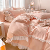 Korean Princess Style Bowknot Bedding Sets Lace Duvet Cover Fitted Sheet For Girl Woman Bedroom Decor Bed Linens Home Textiles