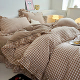 4 Piece Pink Plaid Duvet Cover Set, 100% Polyester Soft and Breathable Bedding, Suitable for Bedroom, All-Season Use