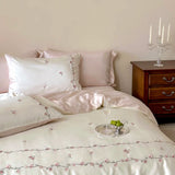 Chic Flowers Embroidery Bedding Set Lyocell Bamboo Fiber Soft Silky Cool Feeling Duvet Cover Flat/Fitted Bed Sheet Pillowcases