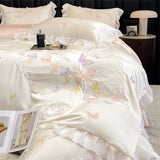 Luxury Bedding Set Butterfly Embroidery Lace Ruffles Ice Silky Soft Summer Bed Set Duvet Cover Set Bed Sheet Pillowcases 4Pcs