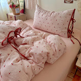 Ins Cherry Bedding Set Bow Tie Closure Duvet Cover Set Soft Flat Sheet Single Double Bed Sheet Set For Girls Bedroom