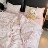 Korean Pink Gingham Bedding Sets With Cherry Cute Girls Striped Duvet Cover Wash Cotton Soft Bed Sheet Set Quilt Cover