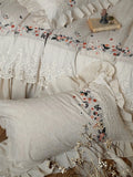 Vintage French Large Lace Ruffles Floral Embroidery Linen Cotton Bedding Set Duvet Cover Flat/Fitted Bed Sheet Pillowcases 4Pcs