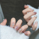 10Pcs French Pearls Press on Nails Short Square Fake Nails Pink Heart Star False Nails Cat Eye Glitter Diamond Acrylic Nail Art