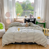4pcs Simple Color Stripes Duvet Cover Set Cute Green Pink Bedding Big Eye Pattern Pillowcases Comforter Cover with 1 Bed Sheet