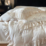 800TC Lyocell Bamboo Fiber Soft Silky Bedding Set Rose Floral Embroidery Lace Ruffles Duvet Cover Flat/Fitted Sheet Pillowcases