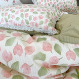 Floral Bedding Set Lace Trim Simple Fresh Elegant Flat Fitted Sheet With Pillowcases Soft Washed Cotton For Women Girl Gift