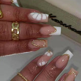 Mid-length Square False Nails French Leopard Print Long Ballet Fake Nail Full Cover Press on Nails Pearl Design Acrylic Nail Tip