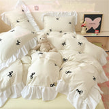 French Princess Lace Ruffles Bedding Set Washed Cotton Skin-friendly Duvet Cover Set with Sheet Soft Printed Flowers Quilt Cover