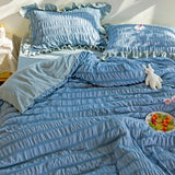 Seersucker Princess Girl Kawaii Bedding Set Lovely Ruffles Home Woman Duvet Cover Set Luxury Solid Color Pleated Bedding Sets