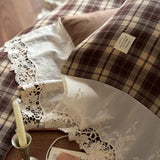 Korean Style Colorful Plaid Princess Bedding Set, 100% Cotton Yarn-Dyed Lace Duvet Cover Bed Sheet/Fitted Sheet Pillowcases 4Pcs