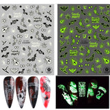 3D Luminous Nail Stickers Decals Black White Spider Web Skull Alien Planet Glow In The Dark Halloween Manicure Foils Tattoo Tips