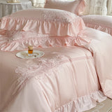Pink Flowers Embroidery Ruffles Princess Wedding Bedding Set 1000TC Egyptian Cotton Duvet Cover Flat/Fitted Sheet Pillowcases