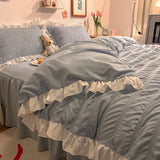 Pink Ruffled Seersucker Duvet Cover Set 3/4pcs Soft Lightweight Down Alternative Grey Bedding  with Bed Skirt and Pillowcases