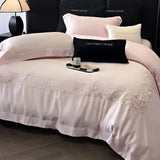 Pink Flowers Embroidery Bedding Set Lyocell Bamboo Fiber Soft Silky Cool Feeling Duvet Cover Flat/Fitted Bed Sheet Pillowcases
