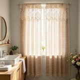 Bohemian Crochet Tassel Flat Curtain Design,Two Tone Coffee Checkered Pattern Curtain Fabric For Living Room And Bedroom Window