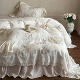Vintage French Lace Flower Prints Bedding Set 100% Cotton Double Yarn Soft Duvet Cover Flat/Fitted Bed Sheet Pillowcases 4Pcs