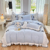 3/4Pcs Bedding Set Princess-Style Purple Bow Double-Layer Ruffles Duvet Cover Pillowcase Full-Size Queen Bed Sheet Set For Home
