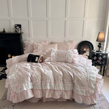 Pink Floral Double Layer Lace Ruffles 100% Cotton Bedding Set Duvet Cover Set Bed Sheet/Bed Skirt/Fitted Sheet Pillowcases 4Pcs