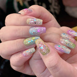 24pcs Colorful Smudge False Nails Art Simple Butterfly Sequin Design Short Ballet Press on Nails Tips Detachable Fake Nail Sets