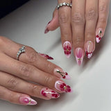 24pcs Almond Press on False Nails Art Fashion Flower Design Full Cover Nail Tips Red Short Oval Fake Nail Sets Finished Manicure
