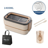 304 Stainless Steel Double Lunch Box with Cutlery 1400ML Portable Lunch Box Microwaveable Food Storage Box Thermo Bag Lunch Mug