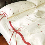 Lace Cherry Embroidered Bedding Set Twin Queen King Size Duvet Cover Bowknot Ribbon Pillowcase Bed Sheet Princess Style Bed-line