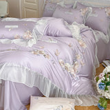 Rose Flowers Embroidery Lace Ruffles Bedding Set Lyocell Cotton Soft Silky Cooling Duvet Cover Flat/Fitted Bed Sheet Pillowcases