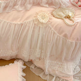 Double Layer Lace Ruffles Princess Wedding Bedding Set 100S Egyptian Cotton Duvet Cover Quilted Bedspread Bed Skirt Pillowcases