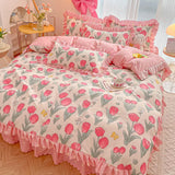 Pink Korean Princess Bedding Set No Filling Cute Strawberry Duvet Cover Checkerboard Single Queen Size Bed Linen Pillowcases