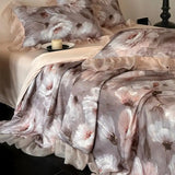 Silky Soft Cooling Summer Quilt Set Flat sheet 2 Pillowcases for Hot Sleepers Flowers printed Lace Blanket 200x230cm Queen Size