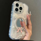 Shiny 3D Butterfly Flower Pearl Case For iPhone 14 13 12 11 15 16 Pro Max Luxury Bow Diamond Makeup Mirror Back Cover