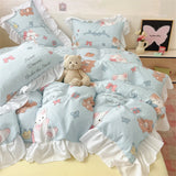 French Princess Lace Ruffles Bedding Set Washed Cotton Skin-friendly Duvet Cover Set with Sheet Soft Printed Flowers Quilt Cover